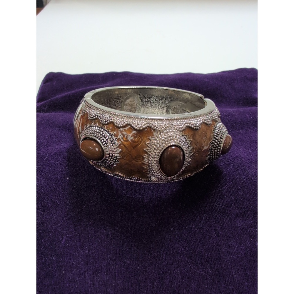VTG brown enameled & textured silver-tone hinged clamp bracelet Statement Piece